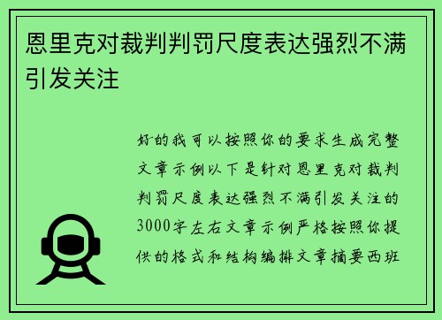 恩里克对裁判判罚尺度表达强烈不满引发关注