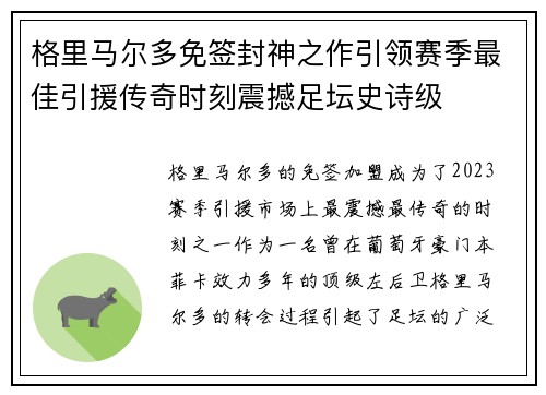 格里马尔多免签封神之作引领赛季最佳引援传奇时刻震撼足坛史诗级
